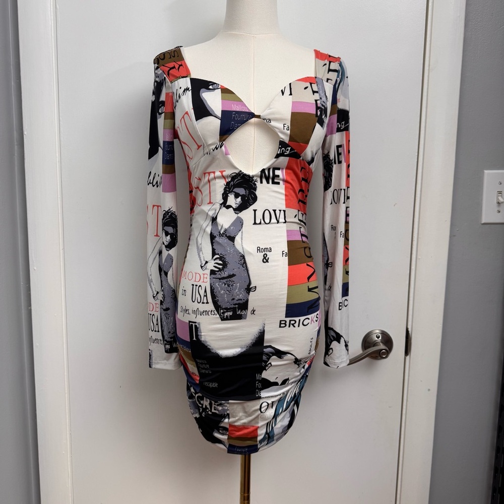 Fashion Nova Editorial Ruched Mini Dress White Combo Cutout NWT Size S